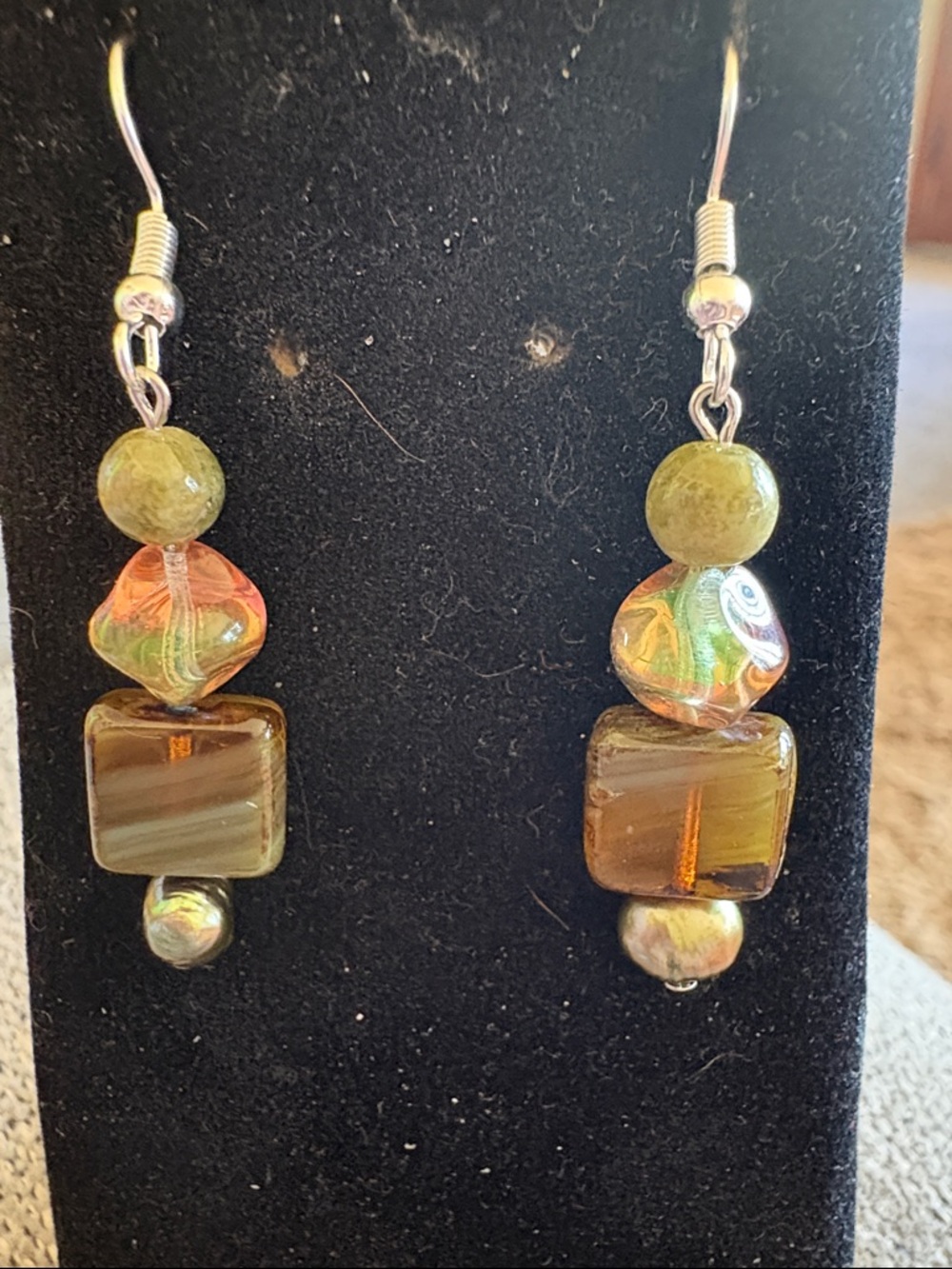 Hand Crafted Green and Amber Glass Drop Earrings With Pearl and Stone Beads